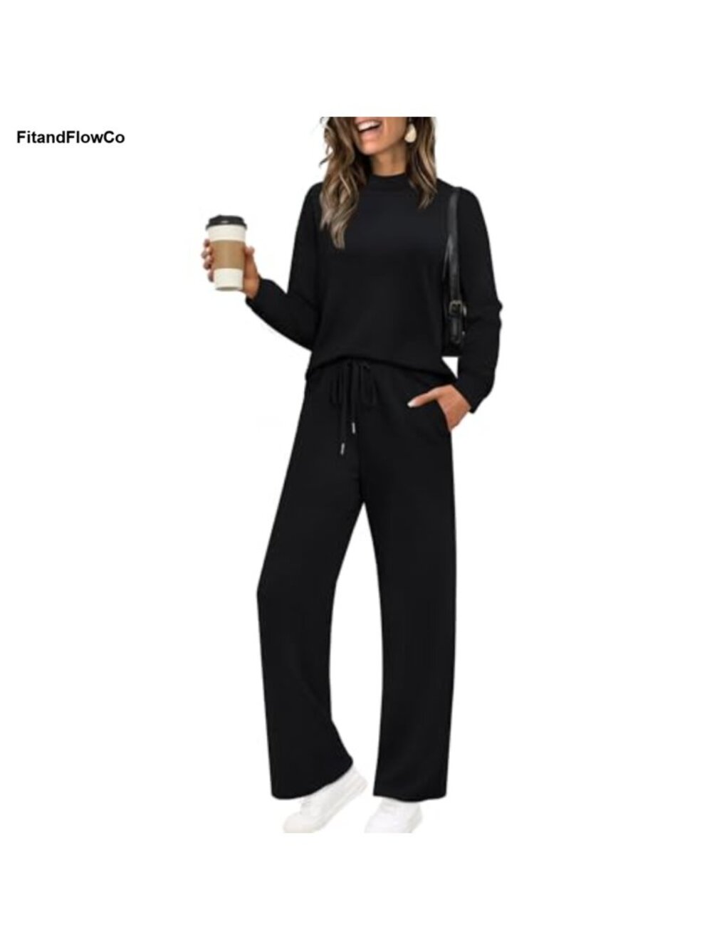 Two Piece Set Mock Neck Long Sleeve Wide Leg Loungewear Travel Outfits